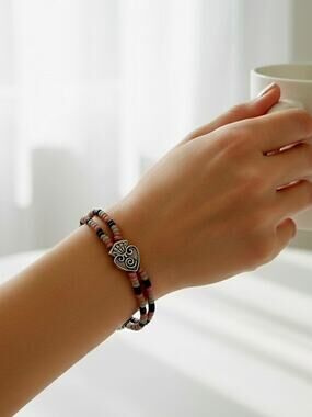 Pink Multicolor Double-Wrap Beaded Bracelet with Heart Accent